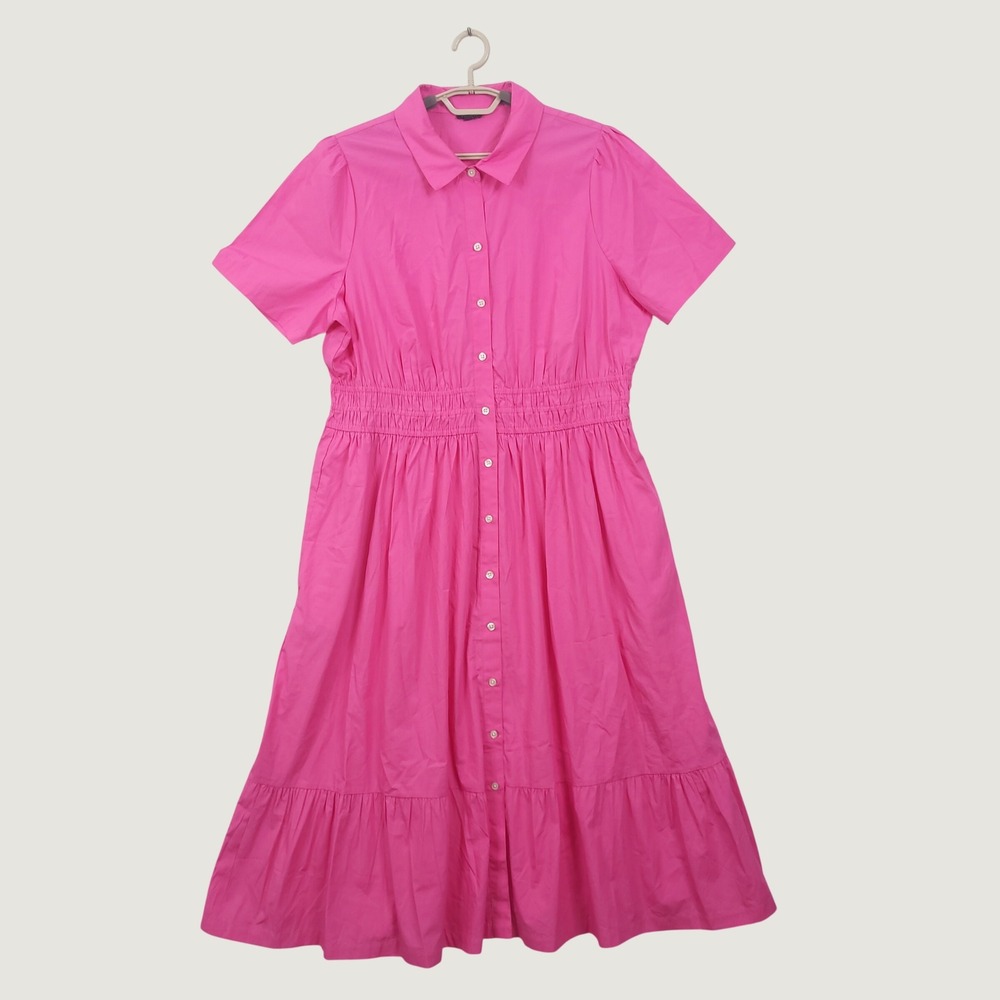Talbots Poplin Flounce Shirtdress Size 18 Pink Smocked Waist Cottagecore Coastal